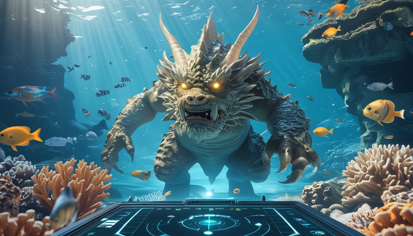 Pemandangan bawah laut dengan makhluk laut besar yang menakutkan sebagai bos dan ikan-ikan kecil di sekitarnya, dengan terumbu karang dan cahaya matahari menembus air.