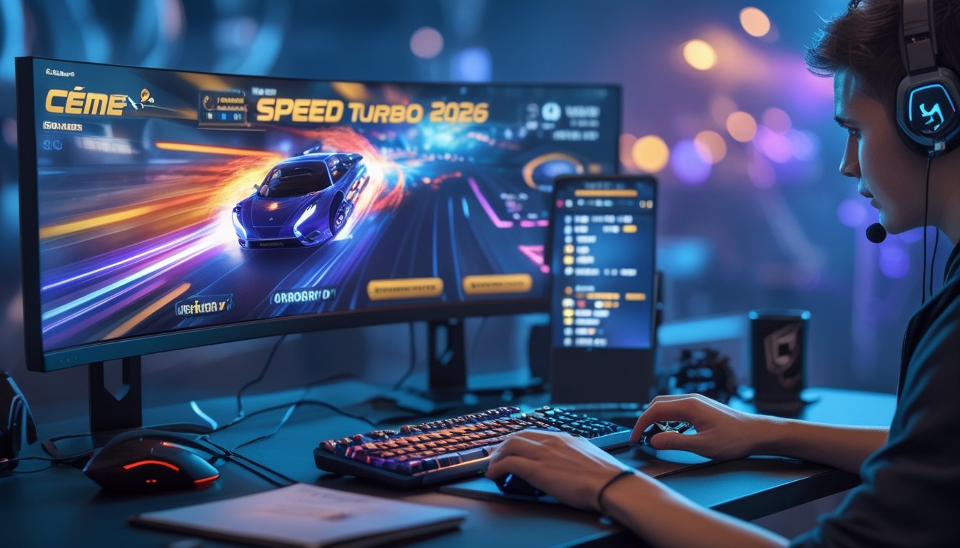 Seorang pemain muda sedang bermain game kartu cepat di meja gaming modern dengan dua monitor dan pencahayaan biru ungu di latar belakang.