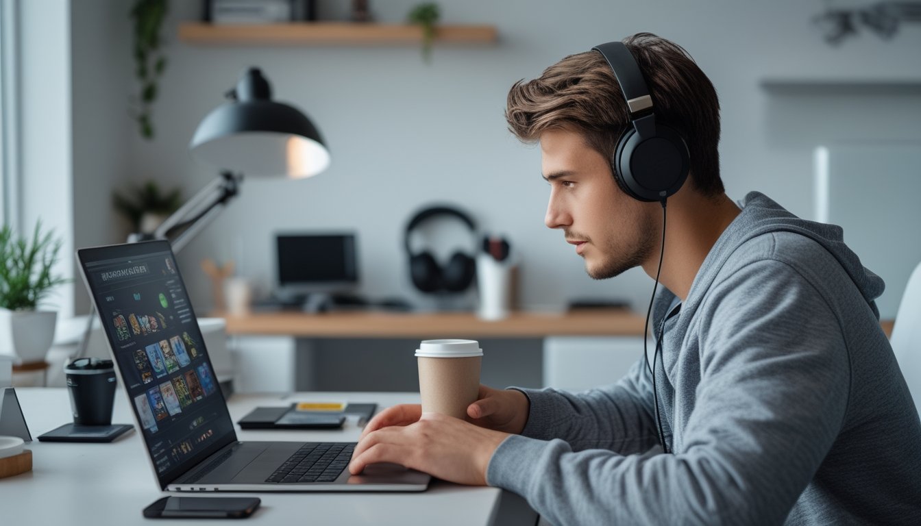 Seorang pria muda sedang bermain permainan kartu online di laptop di ruang kerja modern yang terang.