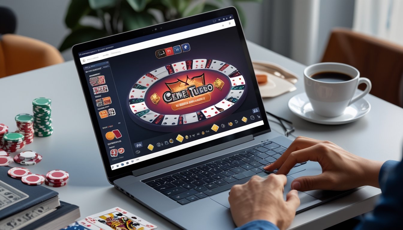 Seorang pemain menggunakan laptop dan ponsel untuk bermain permainan kartu Ceme Turbo online di meja kerja yang rapi dengan chip poker dan kartu di sekitarnya.