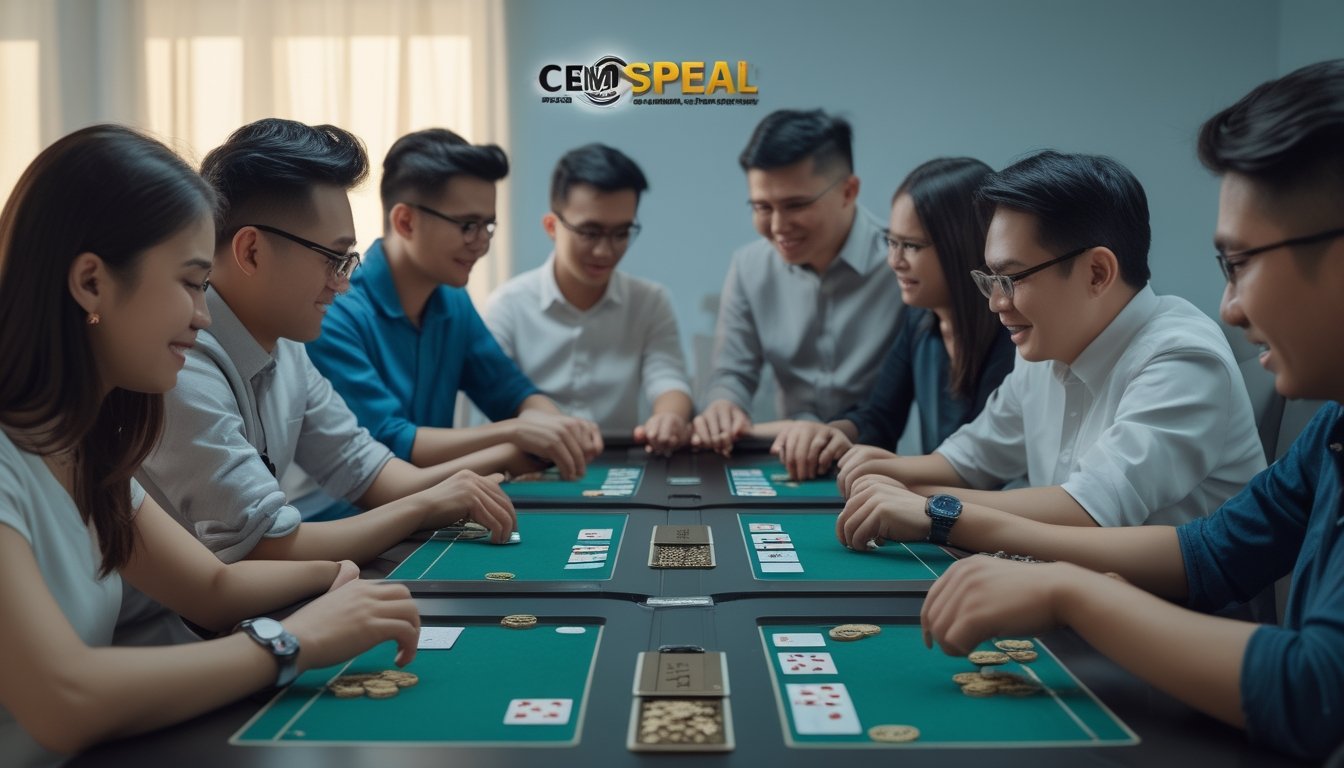 Beberapa orang duduk mengelilingi meja bermain kartu Ceme Speed dan Ceme Klasik dengan fokus dan antusias.