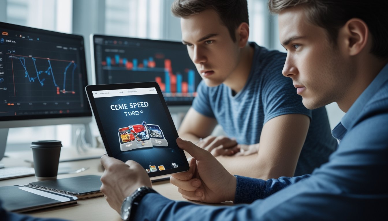 Dua orang muda fokus bermain game kartu di tablet di kantor modern dengan komputer dan grafik di latar belakang.
