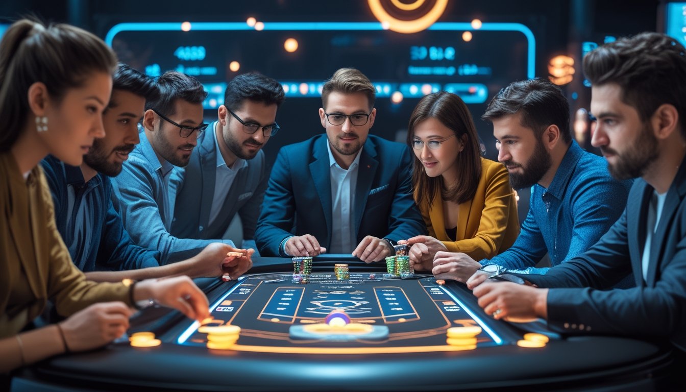 Sekelompok orang sedang bermain permainan kartu Ceme Speed ​​​​Turbo dengan fokus di meja permainan digital dalam ruangan yang modern.