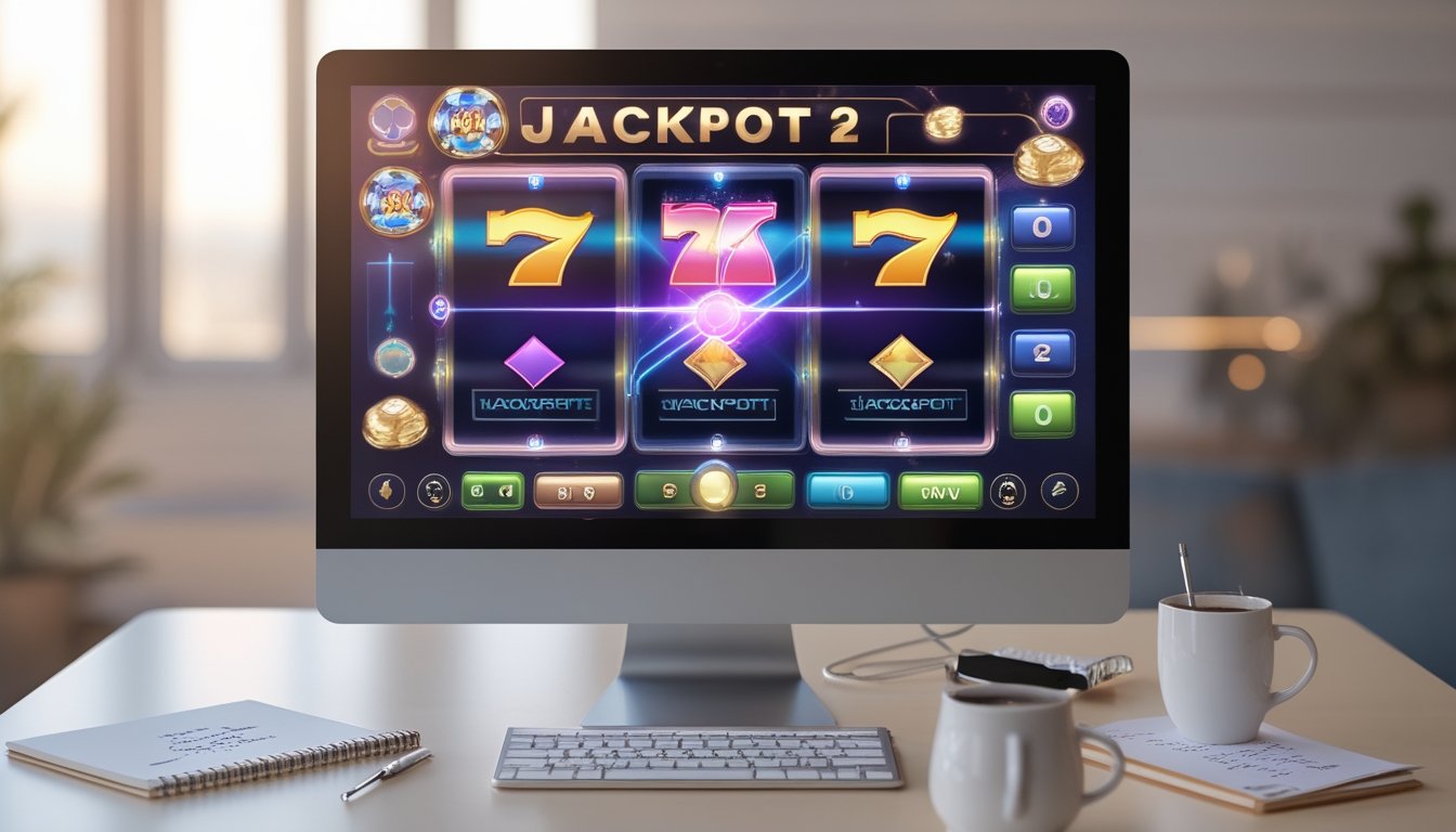 Seorang pengguna sedang bermain game judi modern di perangkat digital dengan layar menampilkan permainan jackpot, di atas meja terdapat catatan dan pena.