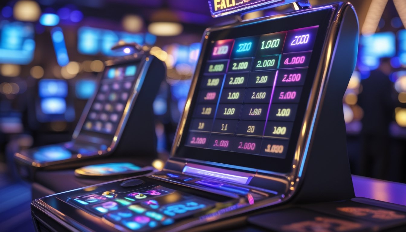 Mesin slot elektronik dengan tampilan jackpot progresif yang meningkat di lingkungan kasino.