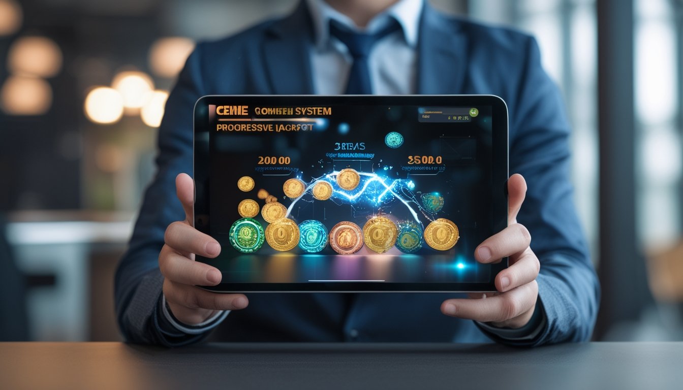 Seseorang memegang tablet yang menampilkan grafik jackpot progresif yang meningkat dengan latar belakang ruangan modern.