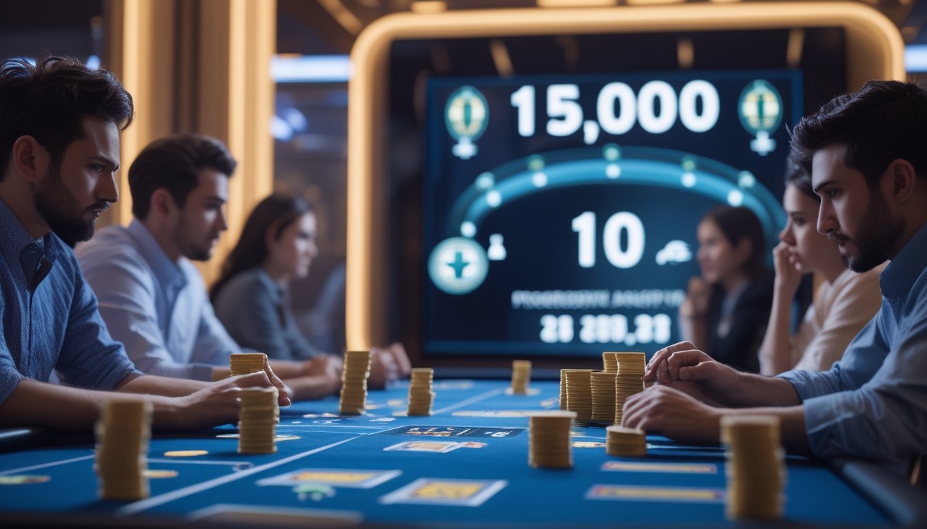 Beberapa pemain fokus bermain di meja Ceme dengan meter jackpot digital yang menunjukkan angka yang meningkat di latar belakang.