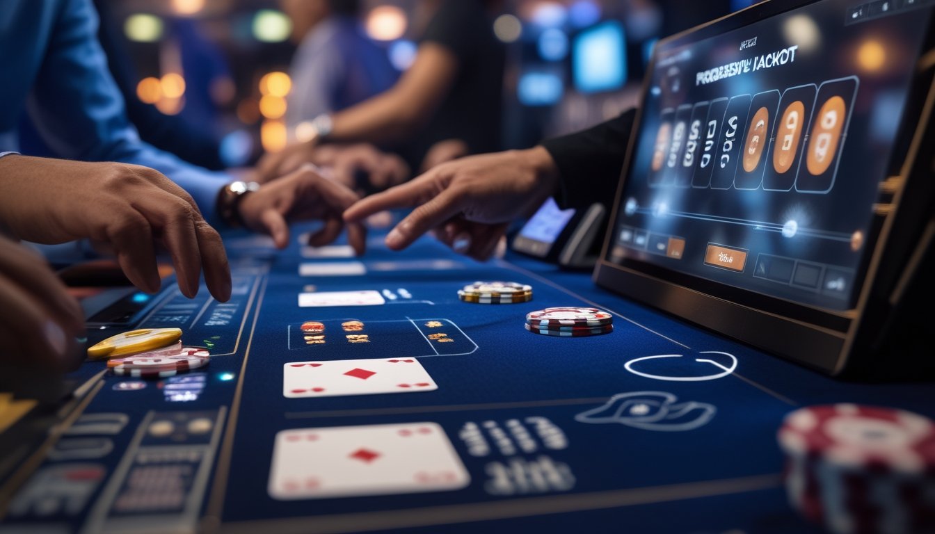 Meja permainan digital dengan kartu dan chip poker, menampilkan permainan Ceme dan jackpot progresif dengan tangan pemain yang sedang berinteraksi.