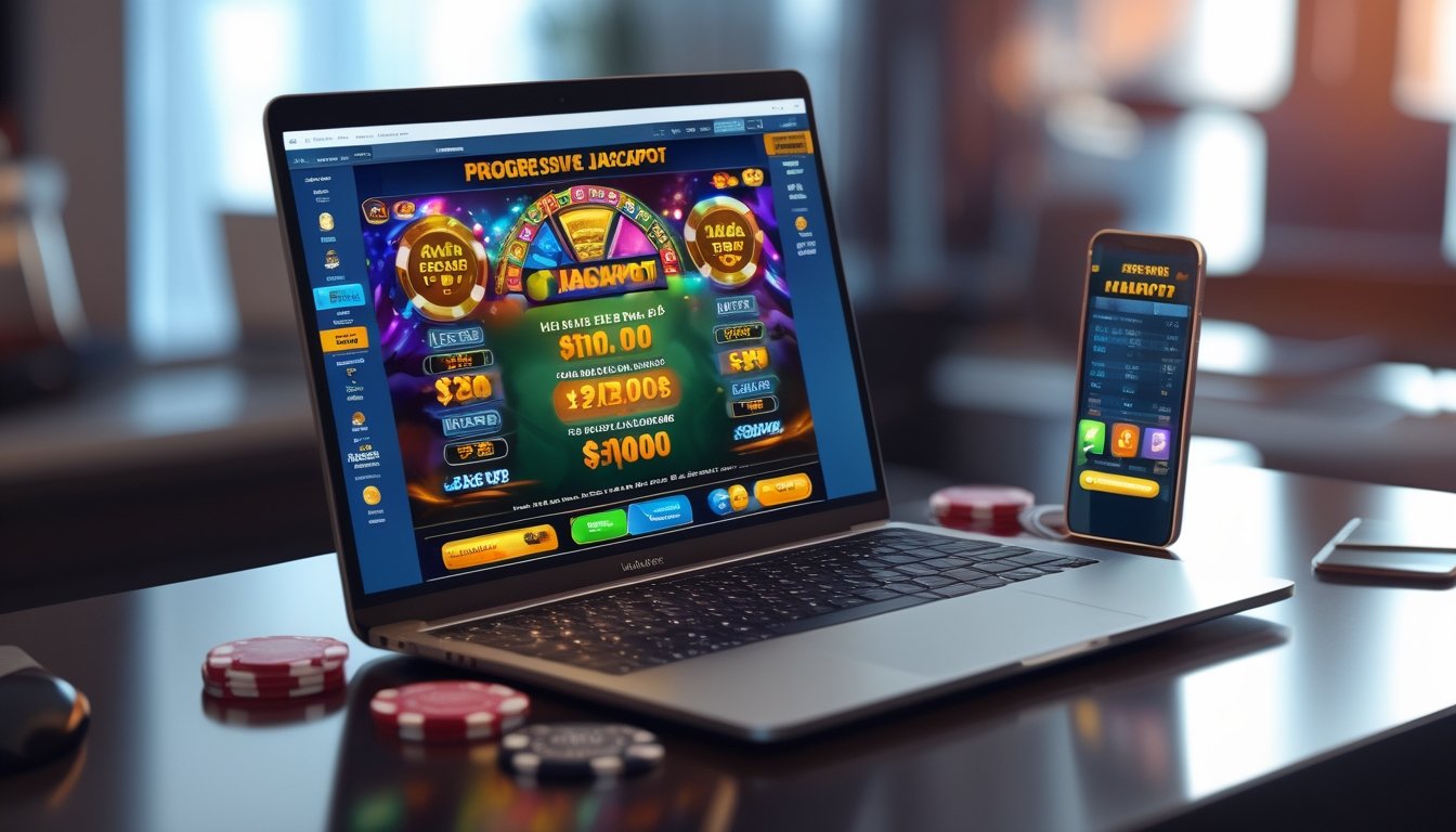 Seorang pengguna bermain permainan jackpot progresif online di laptop dengan chip poker dan kartu di meja kayu yang rapi.