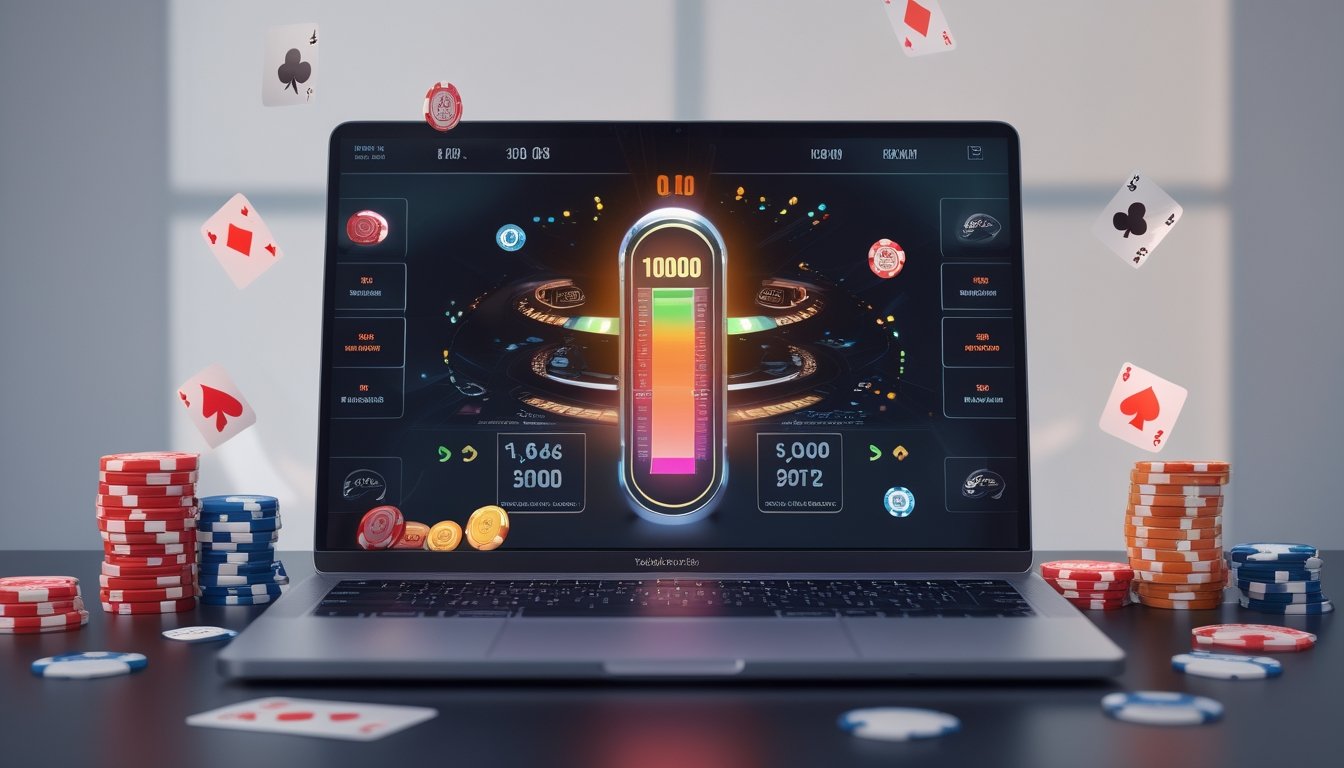Layar perangkat digital menampilkan meter jackpot progresif yang meningkat dengan chip poker dan kartu bermain di sekitarnya.