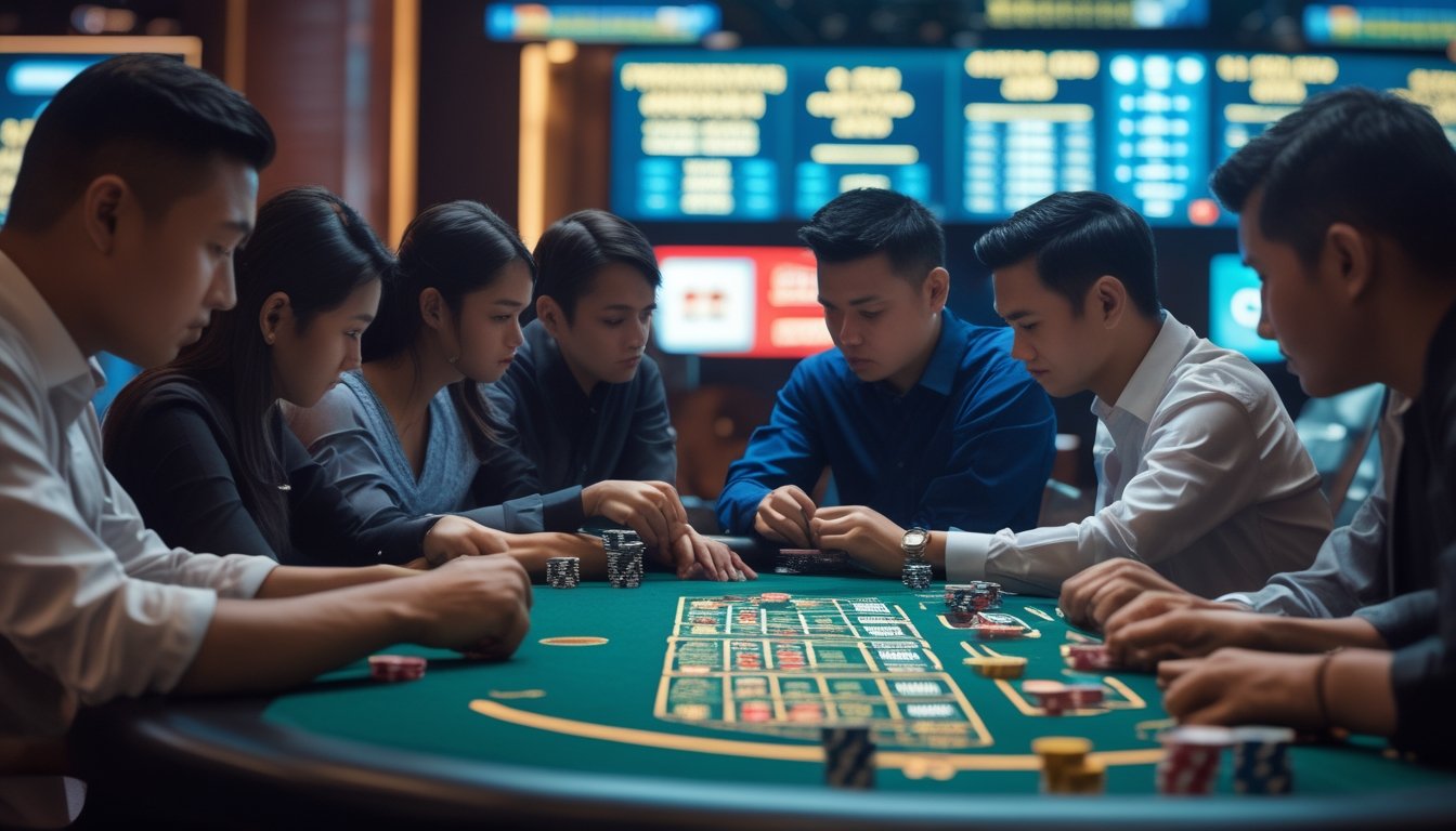 Beberapa pemain serius sedang bermain kartu Ceme di meja kasino dengan layar digital menampilkan jackpot progresif di latar belakang.