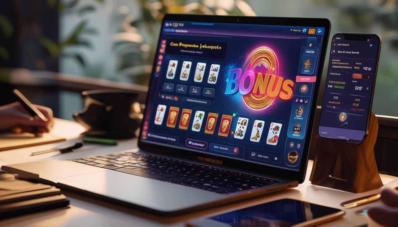 Seseorang sedang bermain permainan kartu Ceme Progressive Jackpot di depan laptop dengan catatan strategi dan ponsel di meja.