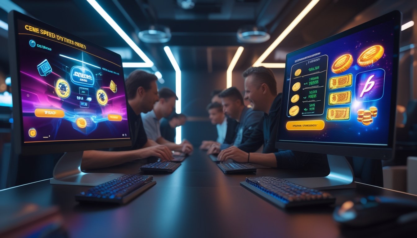 Dua layar komputer berdampingan menampilkan permainan online dengan orang-orang yang fokus dan bersemangat bermain di sebuah ruang permainan modern.
