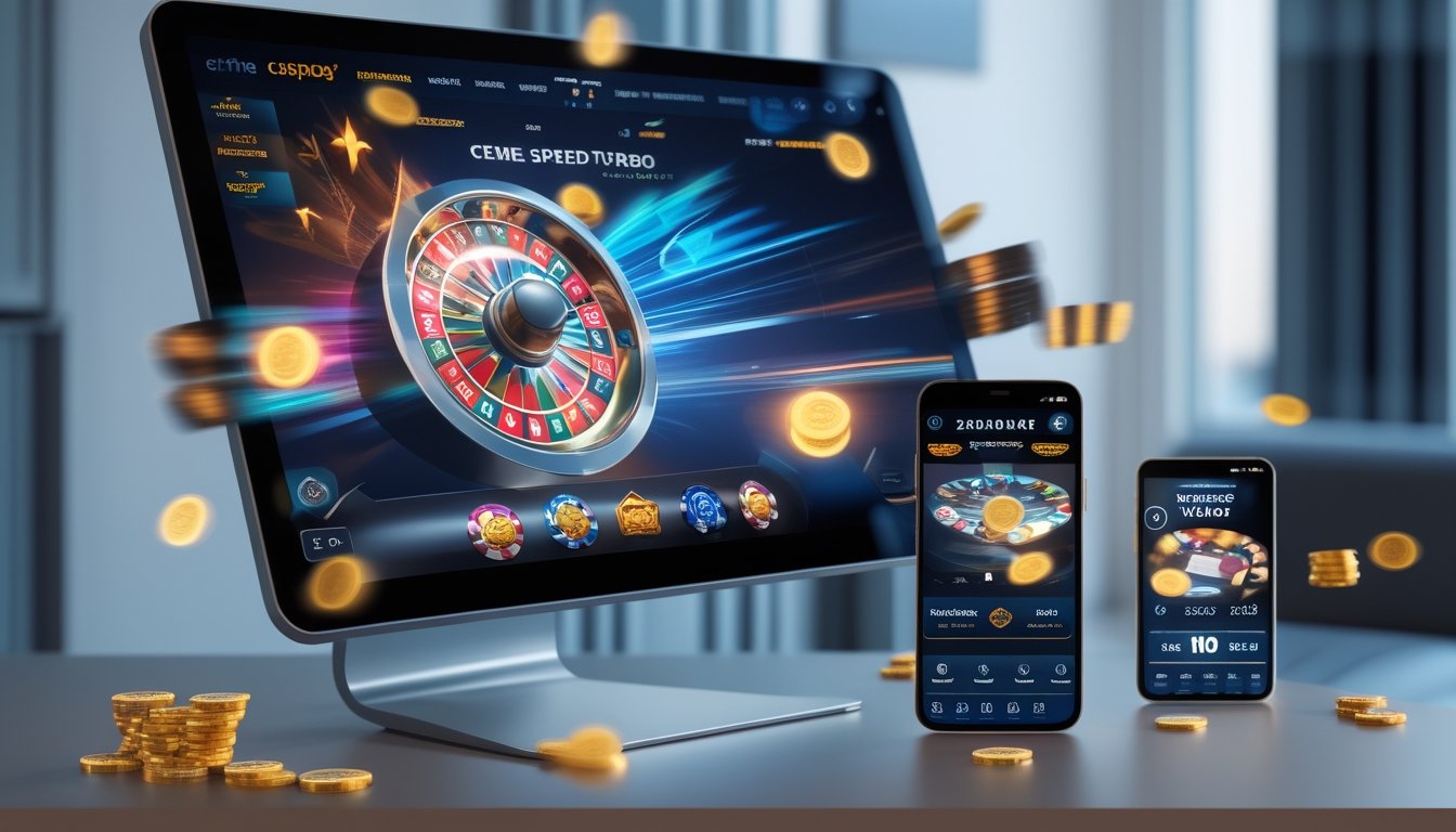 Sebuah monitor komputer dan ponsel menampilkan permainan kasino digital dengan grafik warna-warni, dikelilingi oleh elemen visual yang menunjukkan kecepatan dan jackpot progresif.