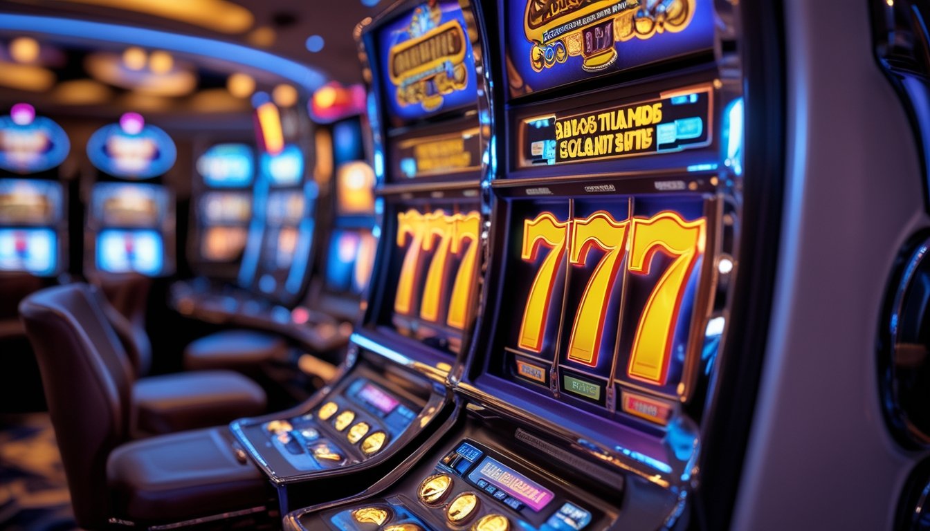Mesin slot 777 yang menyala di dalam kasino dengan latar belakang suasana kasino yang mewah.