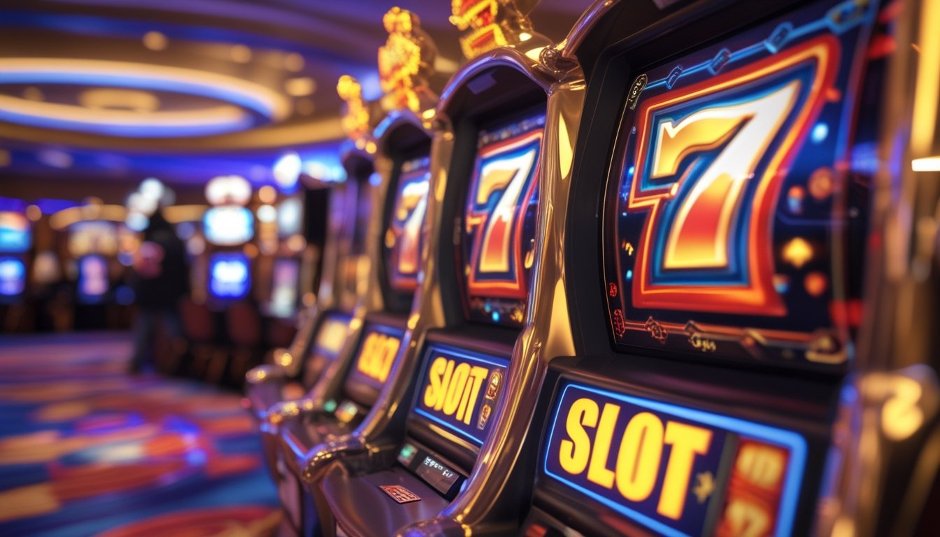 Mesin slot 777 Deluxe dengan angka tujuh berwarna merah dan emas menyala di kasino yang mewah.