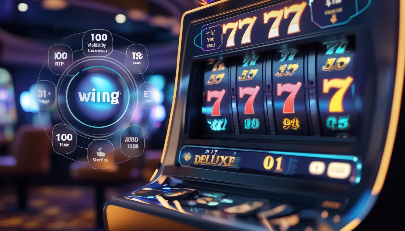 Mesin slot 777 Deluxe dengan gulungan menunjukkan tiga angka tujuh berurutan di dalam kasino yang terang dan modern.