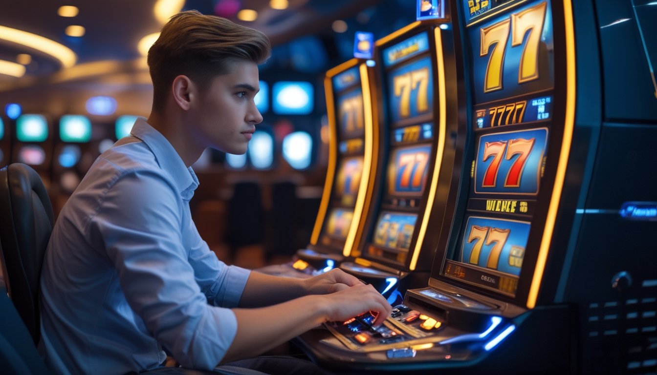 Seorang pemain muda sedang duduk di depan mesin slot 777 di dalam kasino dengan ekspresi fokus dan suasana yang nyaman.