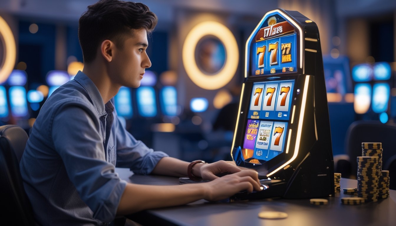 Seorang pria muda duduk di meja permainan modern sambil fokus bermain mesin slot 777 Deluxe di layar digital.