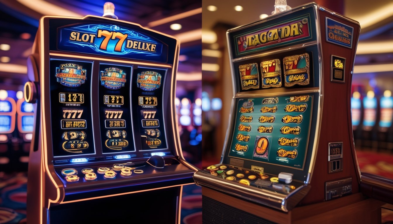Dua mesin slot berdampingan, satu bergaya modern dengan layar digital cerah, satu bergaya klasik dengan gulungan mekanik dan simbol tradisional, di dalam suasana kasino.