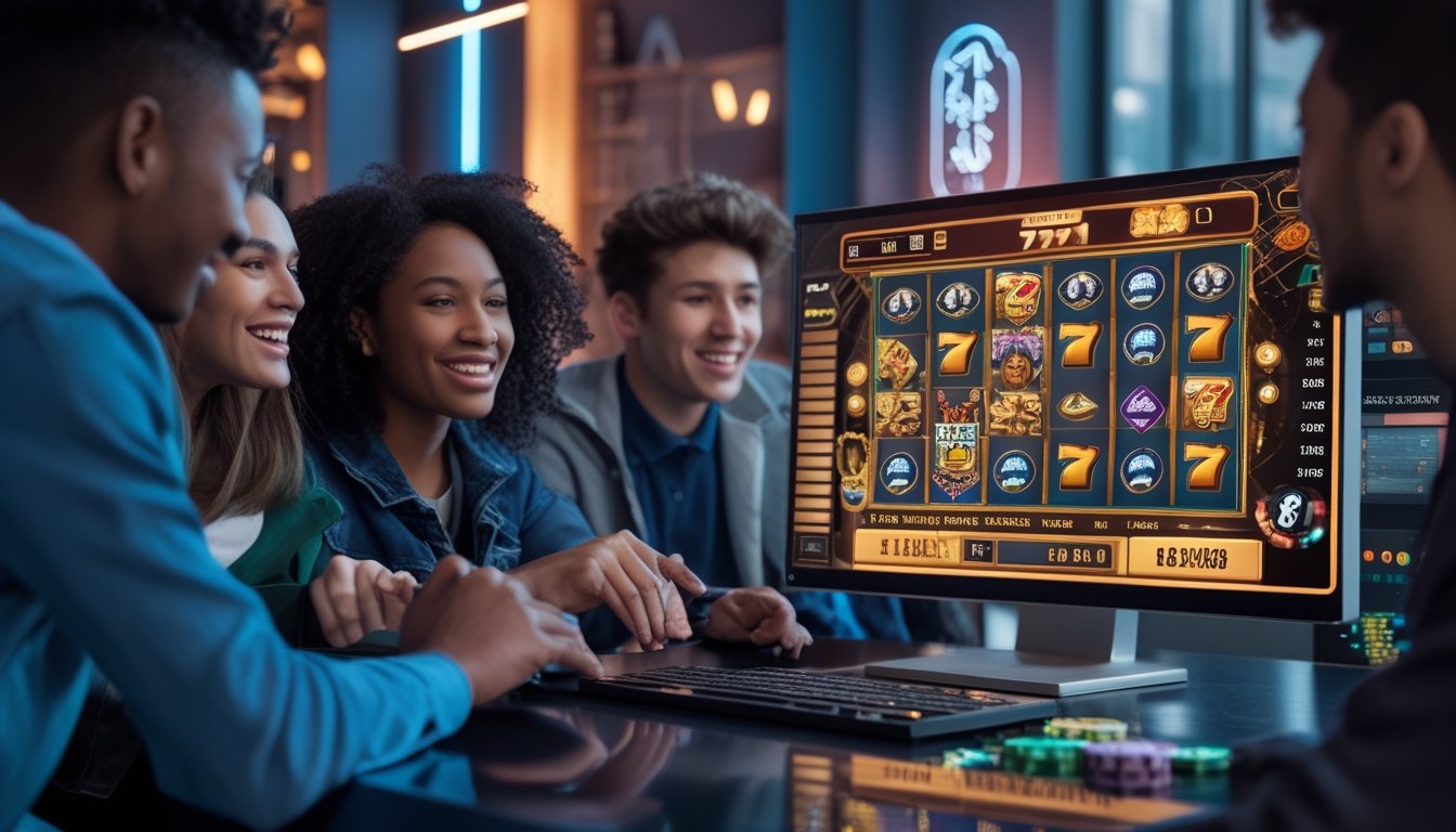 Beberapa orang muda sedang bermain mesin slot 777 Deluxe di sebuah ruangan dengan pencahayaan hangat dan suasana santai.