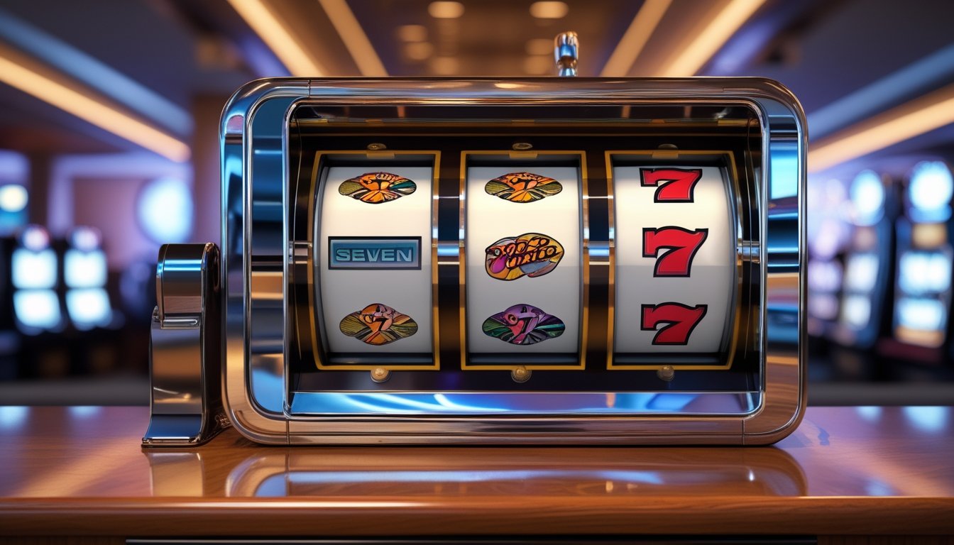 Mesin slot klasik dengan gulungan warna-warni di latar kasino modern yang terang.
