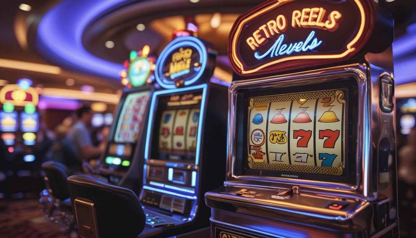Area mesin slot di kasino dengan mesin slot Retro Reels yang menonjol dan mesin slot klasik lainnya, dengan lampu berwarna-warni dan pemain yang sedang bermain.