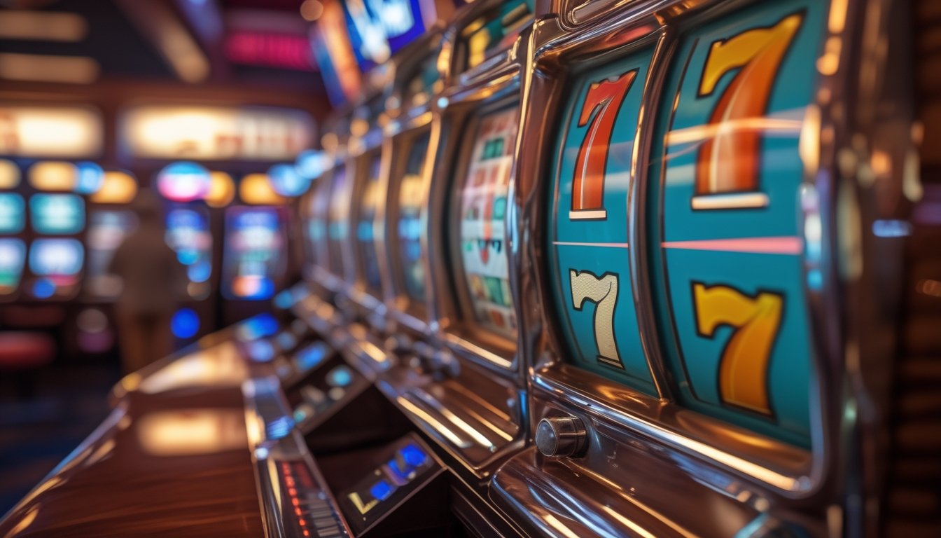 Mesin slot retro dengan simbol klasik di lingkungan kasino yang hangat dan dekorasi vintage.
