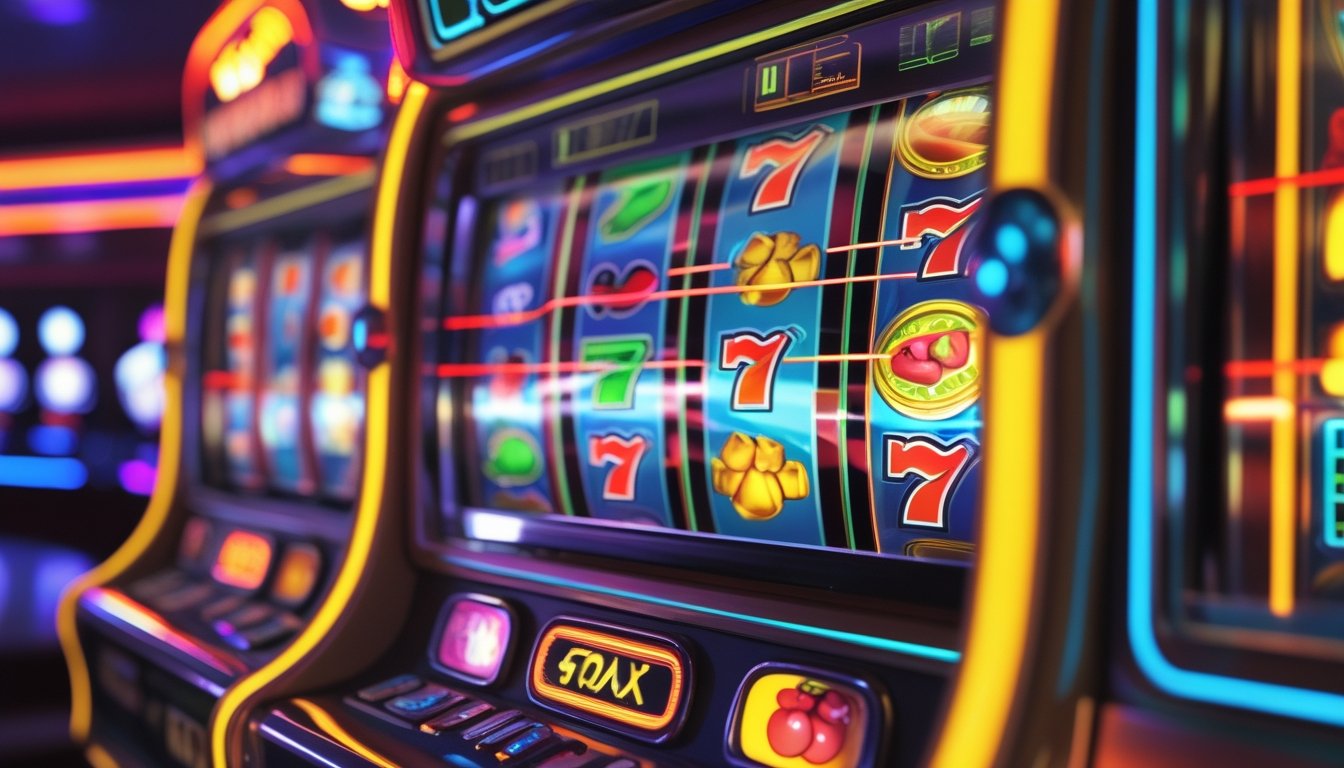 Mesin slot retro dengan simbol klasik dan garis pembayaran yang menyala di latar kasino.