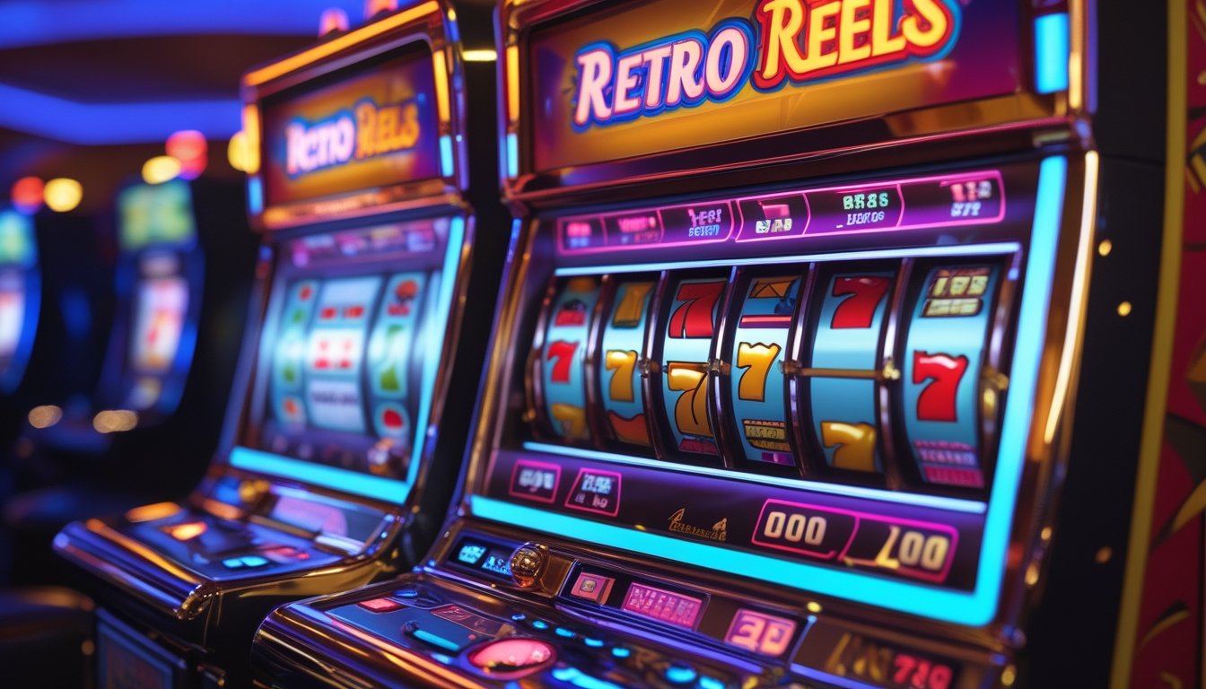 Mesin slot Retro Reels berwarna-warni dengan simbol klasik seperti ceri, lonceng, dan angka tujuh, dikelilingi lampu neon di dalam kasino.