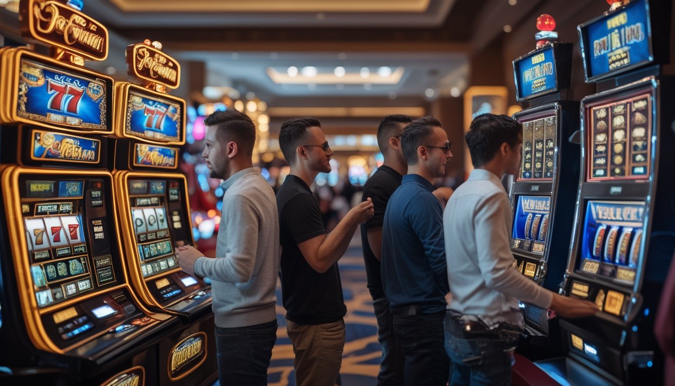 Beberapa orang memilih antara dua mesin slot di kasino, satu bergaya modern dan satu bergaya retro.