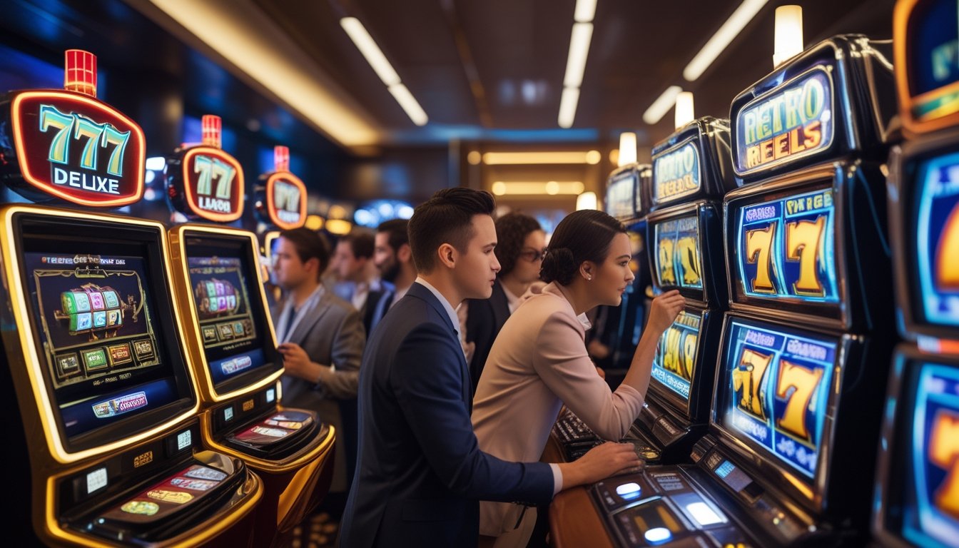 Orang-orang bermain di dua mesin slot berbeda di kasino, satu bergaya mewah dan satu bergaya retro, dengan latar interior kasino yang terang dan modern.