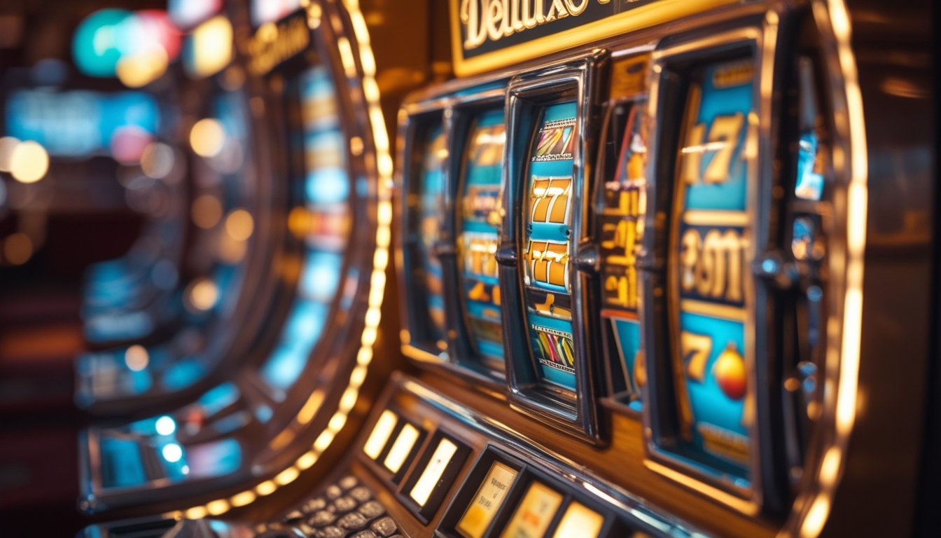 Dua mesin slot klasik berdampingan di dalam kasino dengan pencahayaan hangat dan latar belakang kayu.
