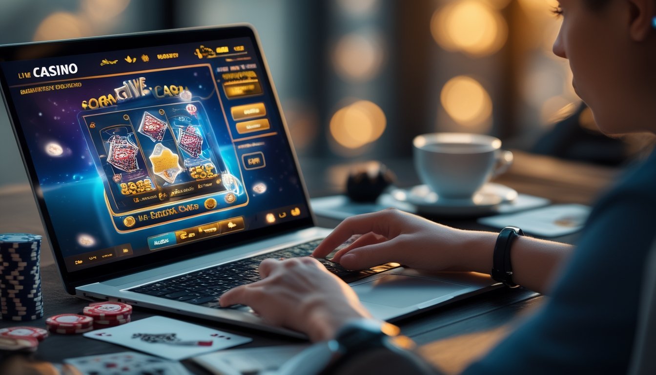 Seorang pemula bermain kartu gores kasino langsung secara online di depan laptop dengan suasana yang fokus dan menarik.