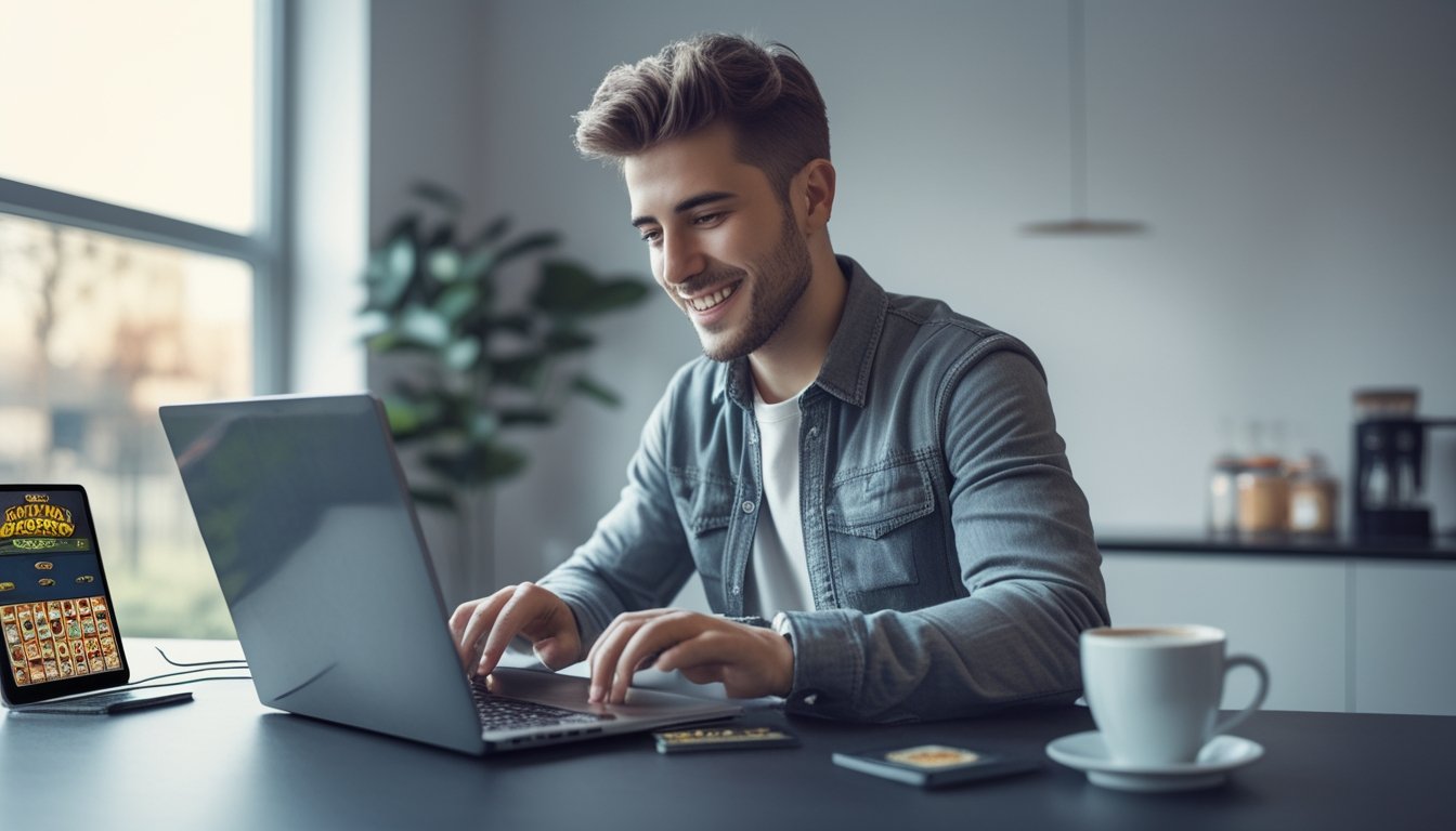 Seorang pria muda duduk di meja dengan laptop, sedang bermain kartu gosok kasino online dengan ekspresi fokus dan antusias.