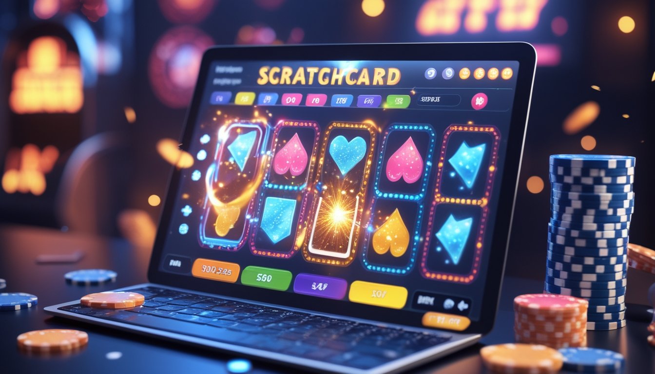 Sebuah layar perangkat digital menampilkan kartu gosok kasino online dengan suasana kasino di latar belakang.