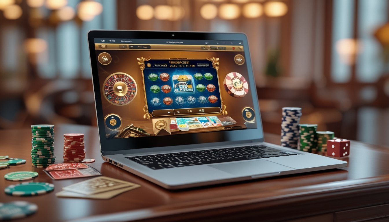 Seorang pengguna sedang bermain kartu gores kasino langsung secara online di depan komputer dengan chip poker dan kartu di meja.