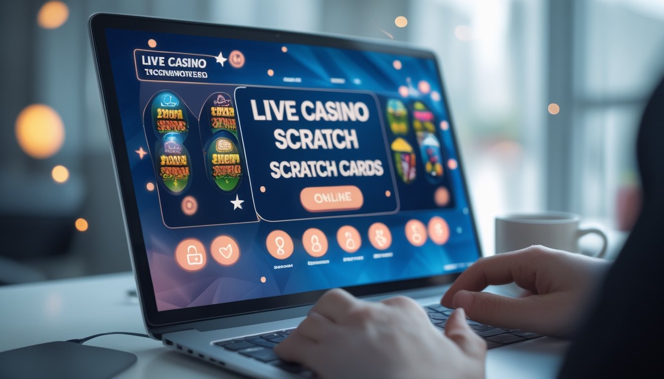 Sebuah laptop menampilkan antarmuka kasino online dengan kartu gosok, dikelilingi simbol keamanan seperti gembok dan tanda centang.