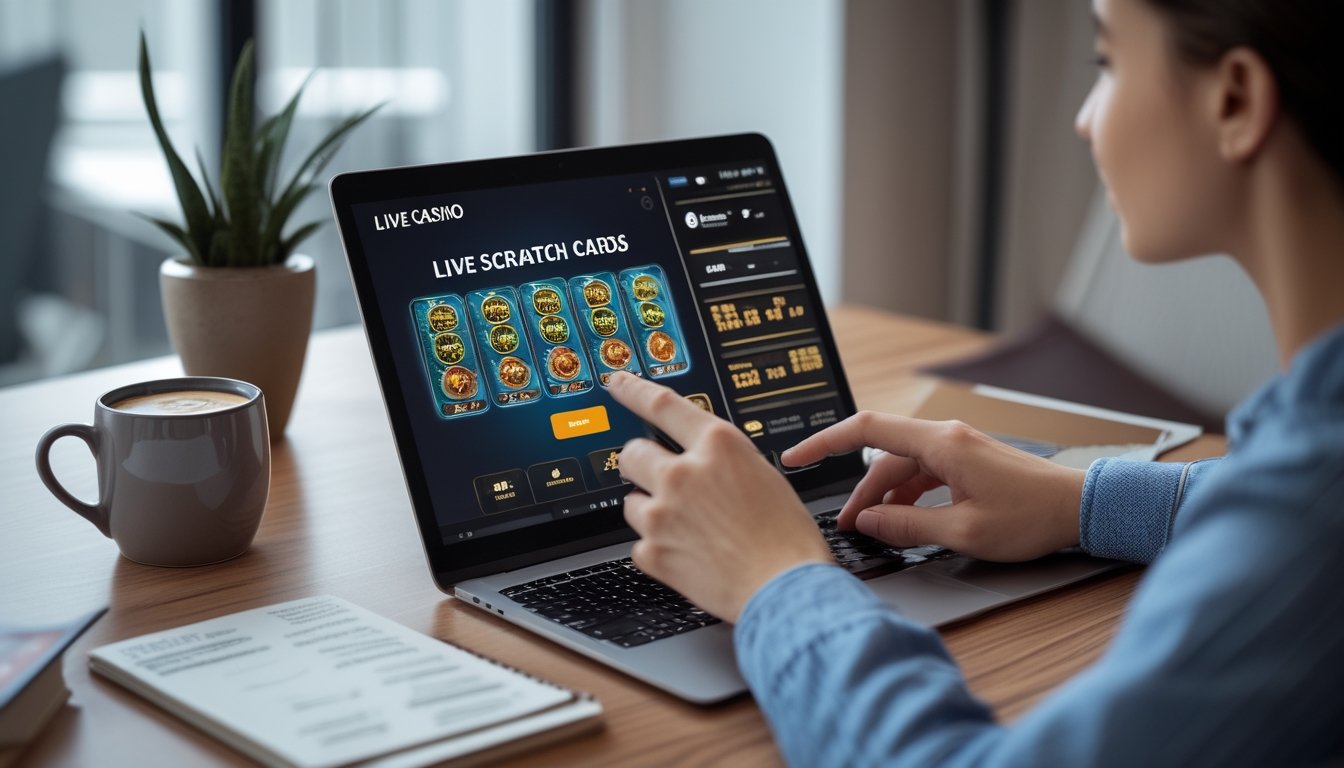 Seseorang bermain kartu gosok kasino langsung secara online menggunakan laptop di ruang tamu dengan catatan strategi di meja.