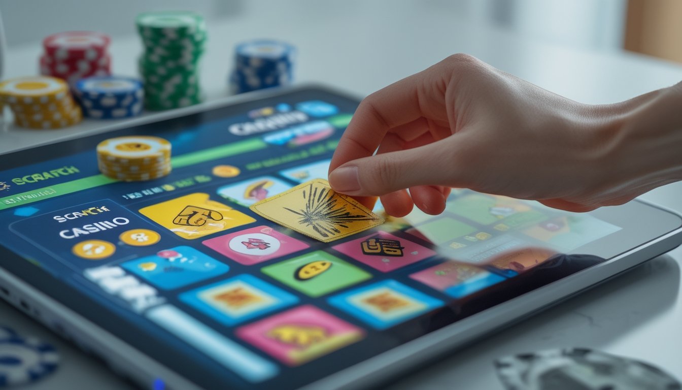 Seseorang menggunakan tablet untuk bermain kartu gosok online di lingkungan yang rapi dan terang.