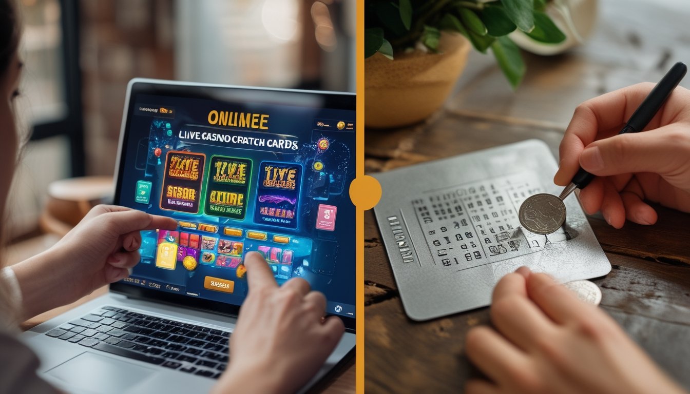 Seseorang menggunakan laptop untuk bermain kartu gosok kasino langsung online di sebelah kiri, dan tangan menggosok kartu gosok konvensional di sebelah kanan.