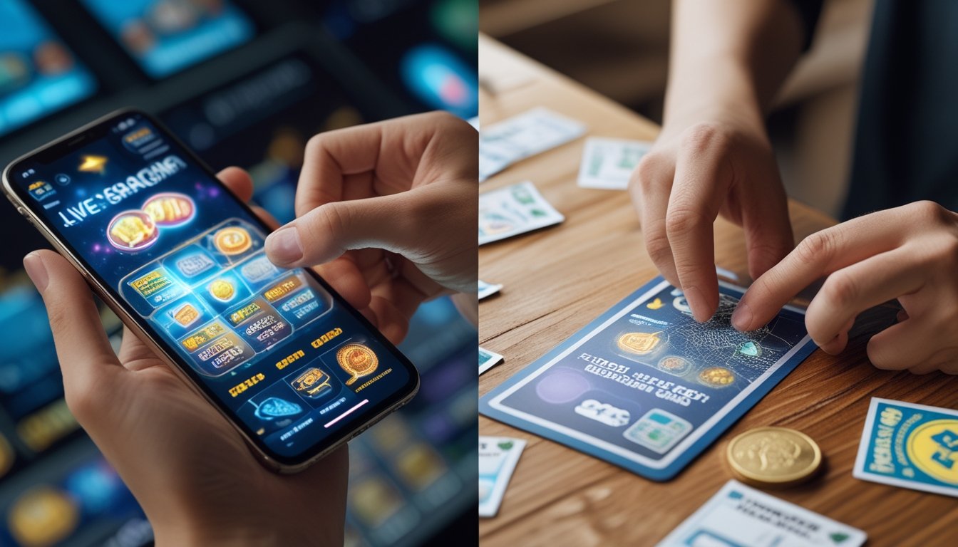 Seseorang menggunakan ponsel untuk bermain kartu gosok kasino langsung online di sebelah kiri, dan tangan menggores kartu gosok konvensional di atas meja kayu di sebelah kanan.