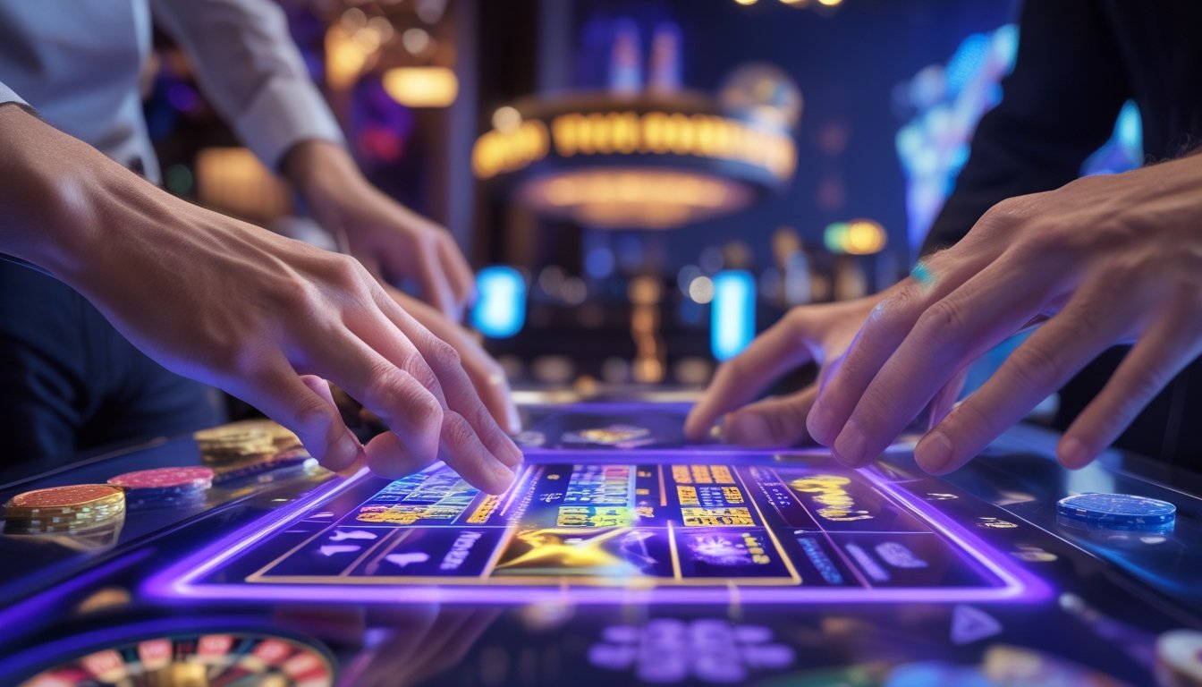Beberapa orang dewasa bermain kartu gores kasino online dengan antusias di meja sentuh digital futuristik dalam suasana kasino mewah.