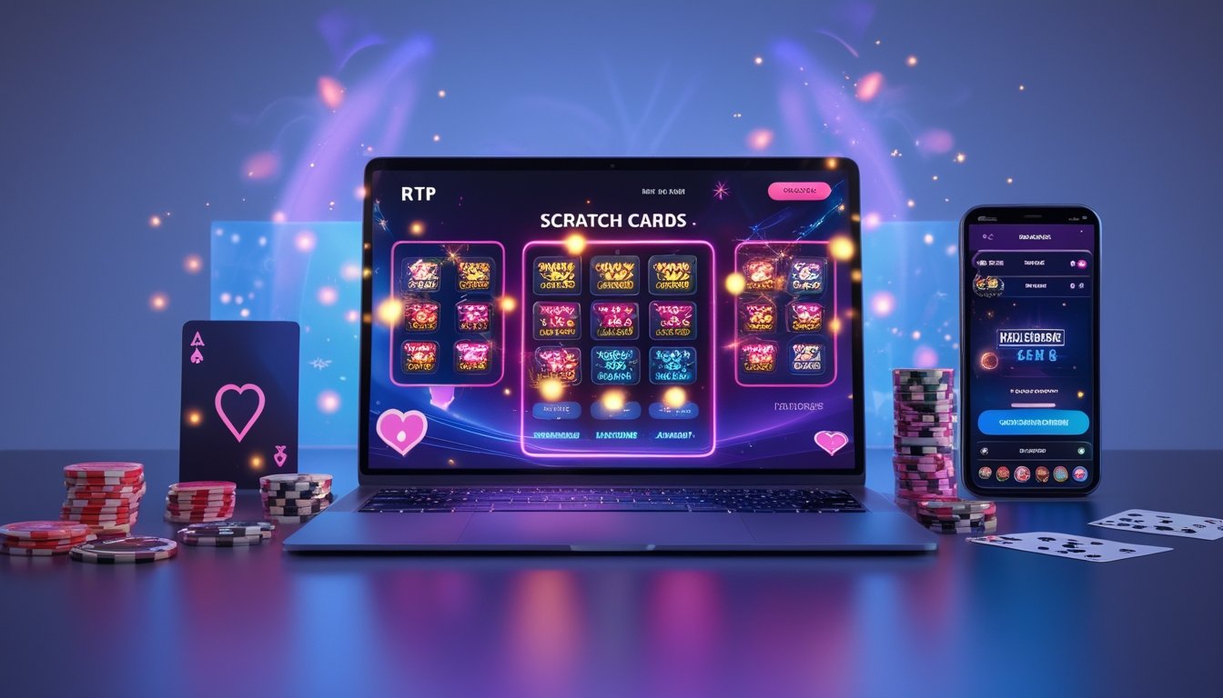 Suasana kasino online dengan kartu gosok digital berwarna cerah di layar komputer, dikelilingi chip poker dan kartu bermain.