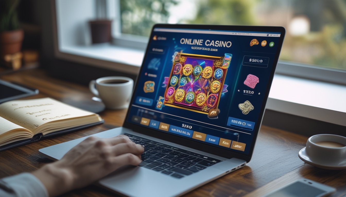 Seorang pengguna duduk di depan laptop yang menampilkan permainan kartu gosok kasino online, dengan catatan dan pena di meja serta secangkir kopi di sampingnya.