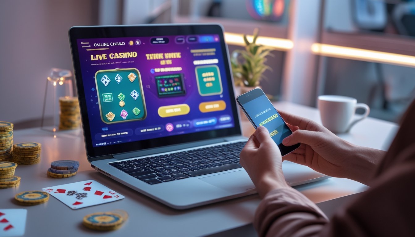 Seseorang bermain kartu gosok kasino langsung secara online menggunakan laptop dan ponsel dengan suasana meja yang rapi dan peralatan judi di sekitar.
