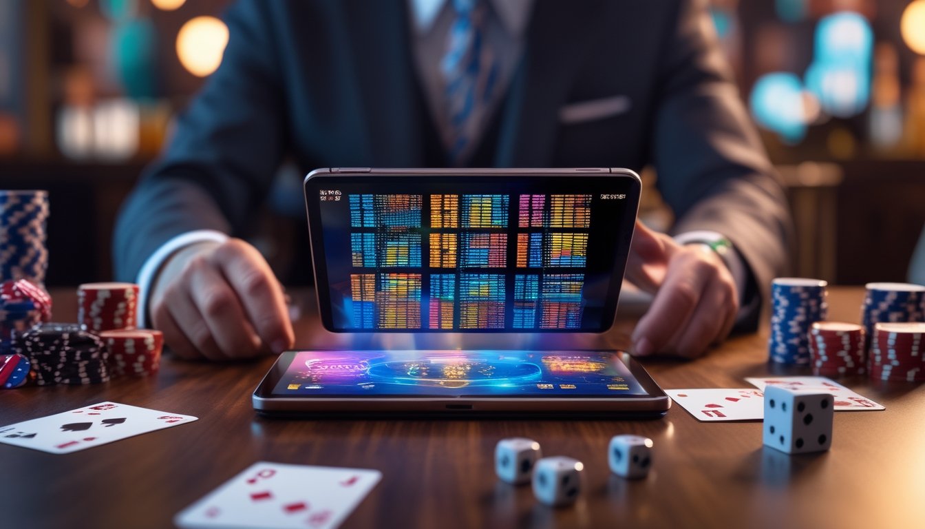 Seorang dealer kasino live sedang melayani permainan kartu gores online di tablet dengan chip poker dan kartu di meja kayu.