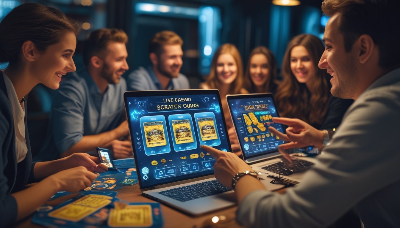 Sekelompok orang bermain kartu gores kasino online secara interaktif menggunakan perangkat digital di ruang santai modern.