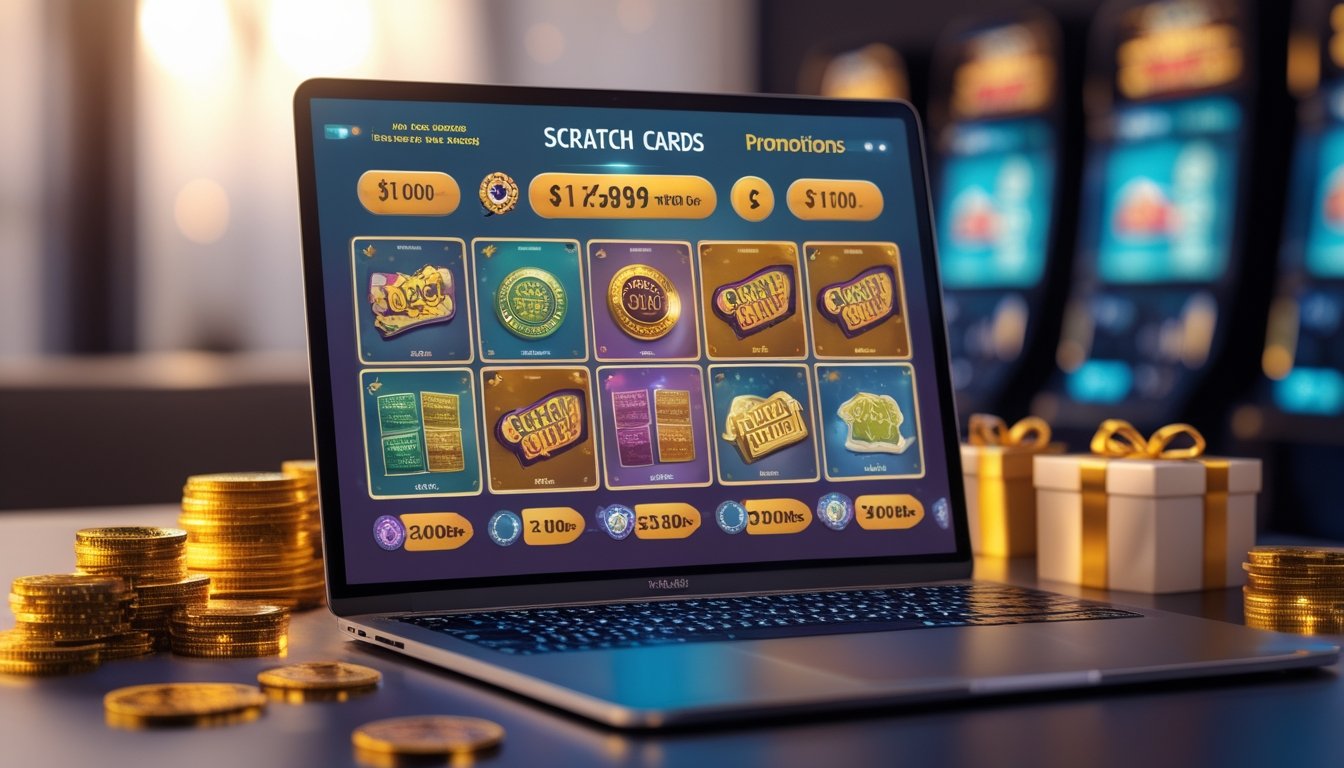 Seorang pengguna sedang melihat kartu gosok kasino online di layar laptop dengan koin dan chip kasino di sekitar meja.