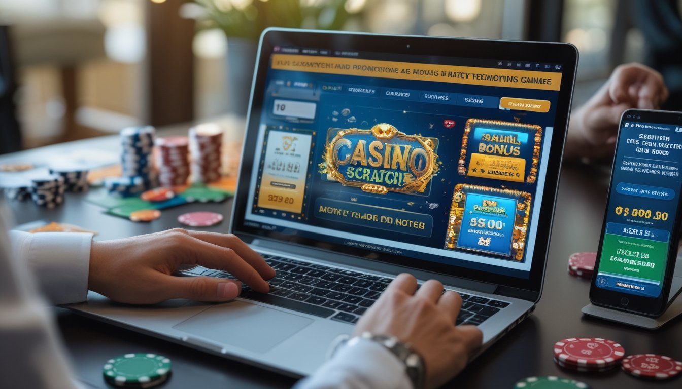 Seorang pengguna bermain kartu gosok kasino langsung di laptop dengan chip poker dan kartu bermain di meja.